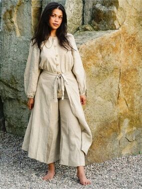 Neutral Beige Wide-Leg Linen Jumpsuit with Tie Waist Wrap Around Skirt